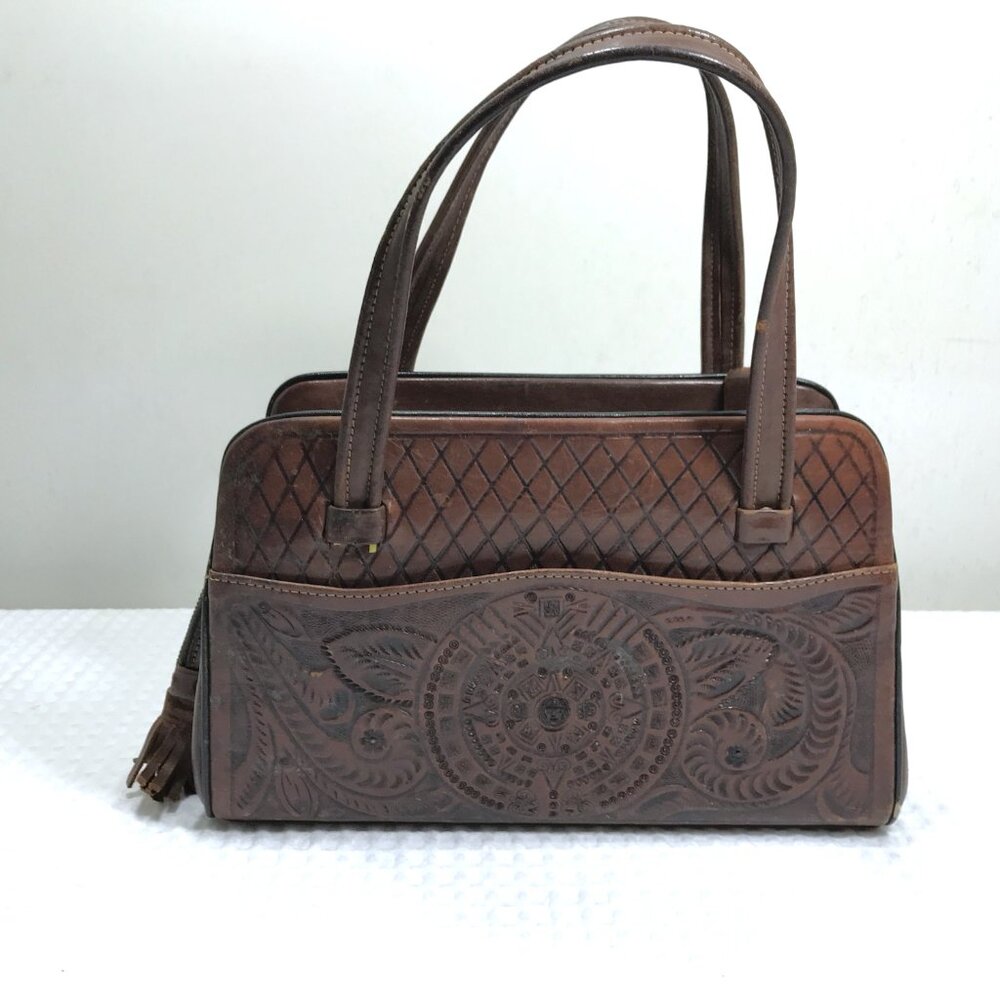 Vintage Tooled Leather Handbag Brown Floral - Picture 3 of 14